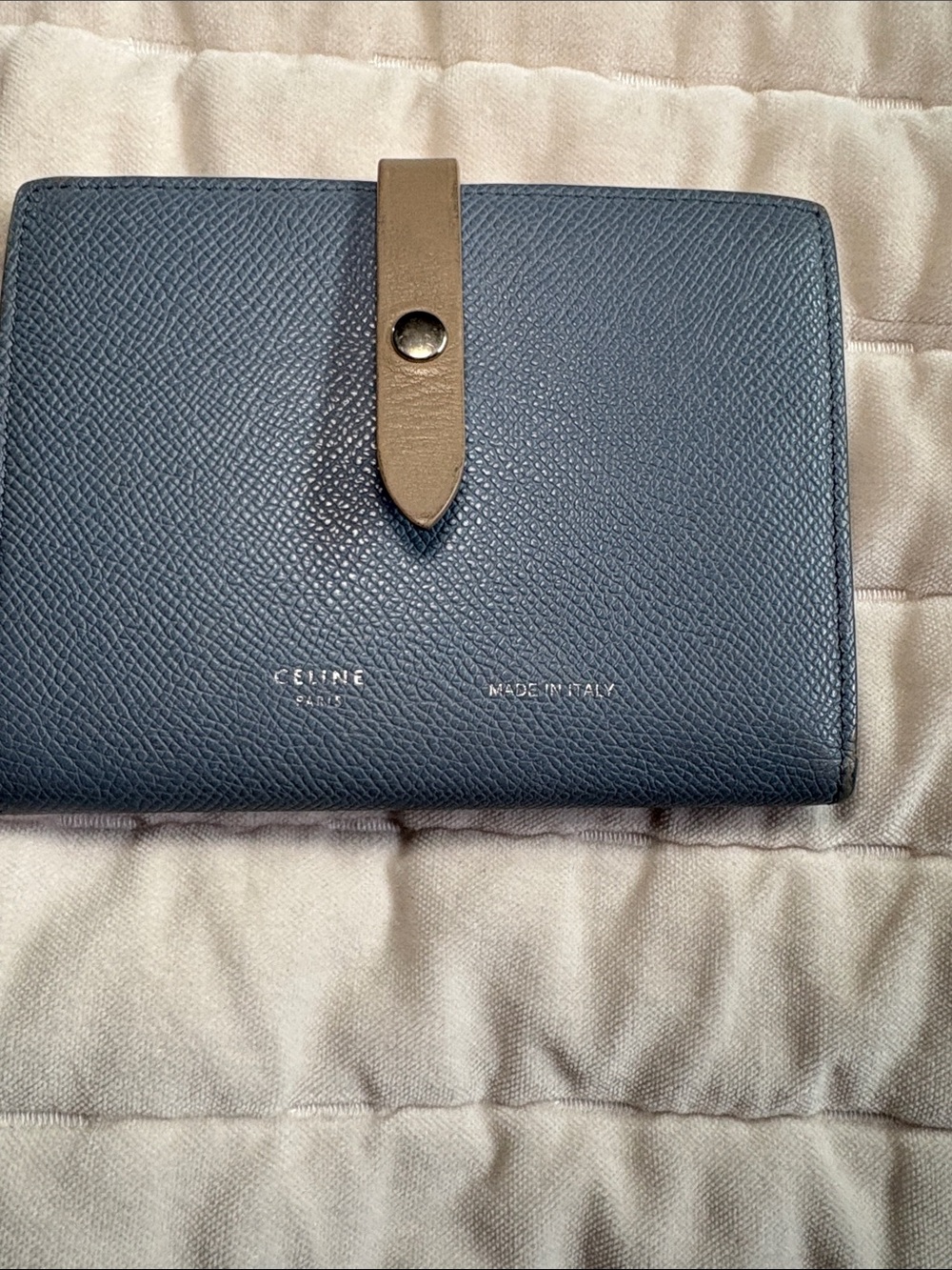 Celine Blue Leather Wallet with Taupe Strap